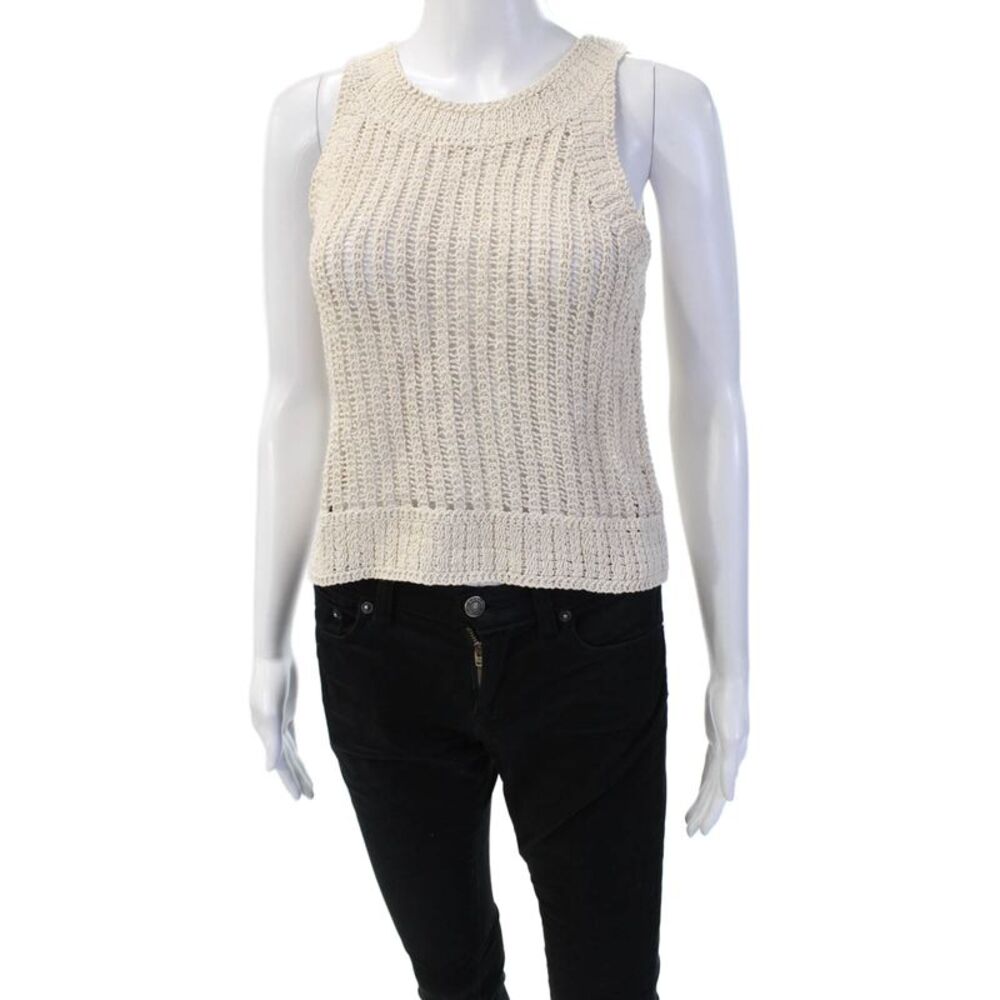 Bishop and Young Womens Cropped Tank Sleeveless Beige Crew Neck Zip Boho Size M